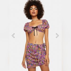 For Love & Lemons NWOT 2-piece Set Maud Crop Top S / Gilles Mini Skirt L Fuschia